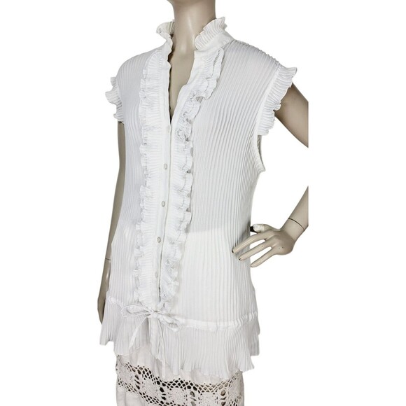 Pleated Tiered Bow Flutter Cap Sleeve Lettuce Hem Button-Down Blouse Lane Bryant - Picture 6 of 8